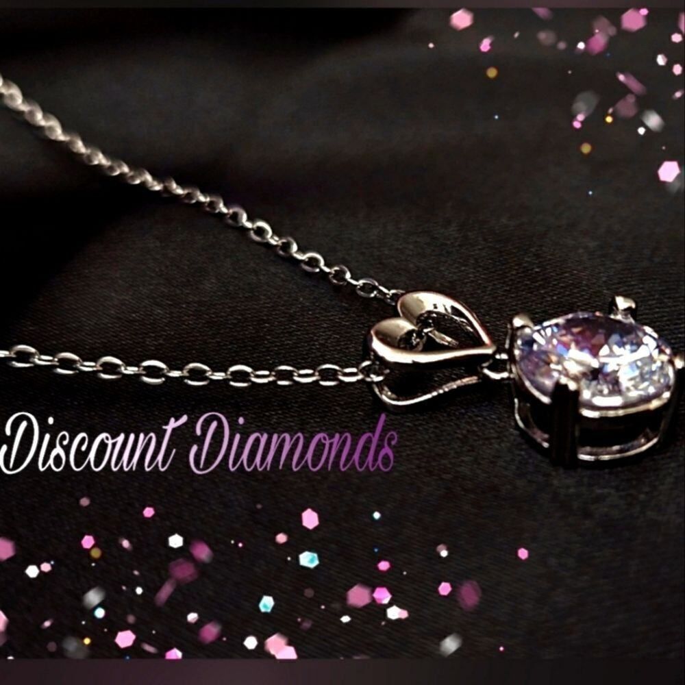 Clear White Round Diamond Pendant on Heart Shaped 925 Silver Necklace